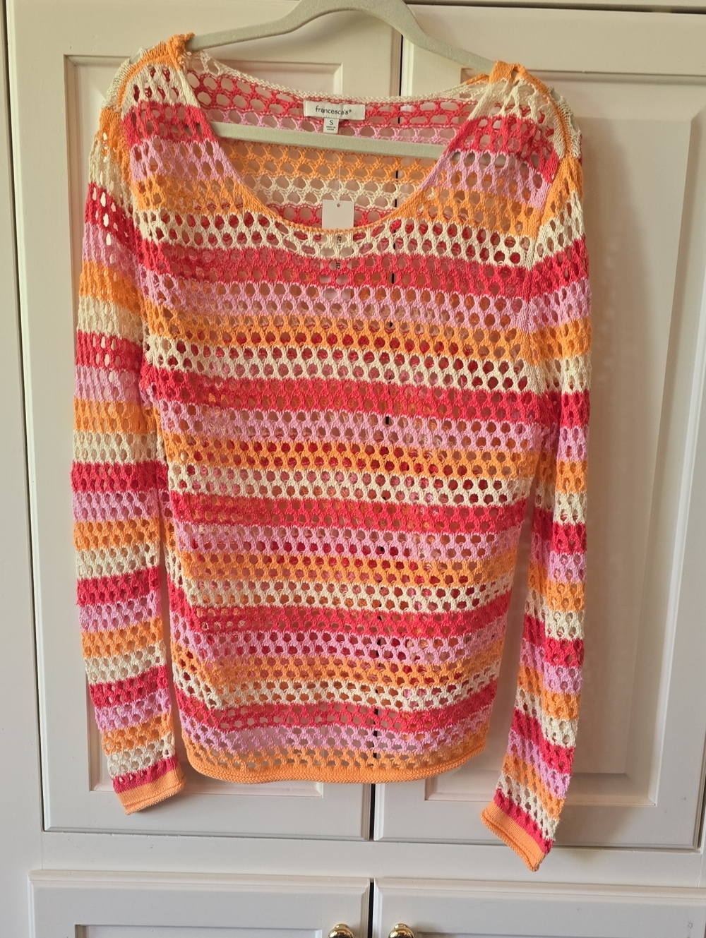Francesca's Collections Open-Knit Stripe Sweater - Pink, Orange, Cream, Red